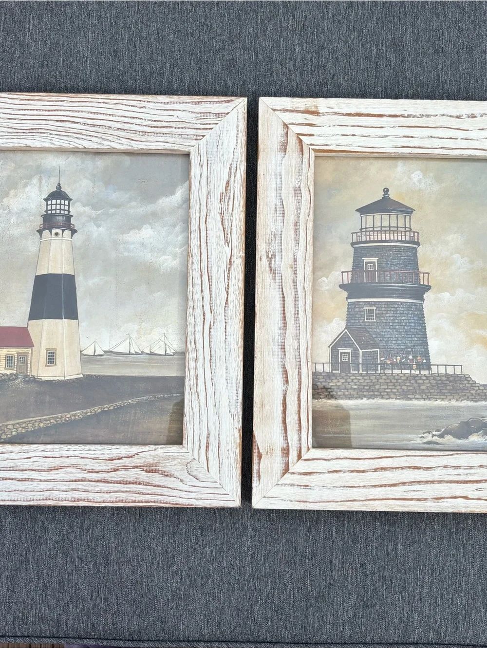 Vintage White Washed Framed Lighthouse Set of 2 Prints Nautical Beach Pictures